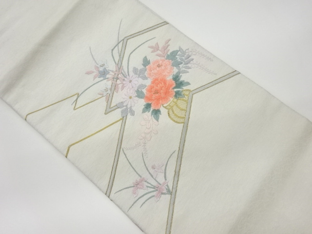 リサイクル　金駒刺繍花瓶に草花模様名古屋帯